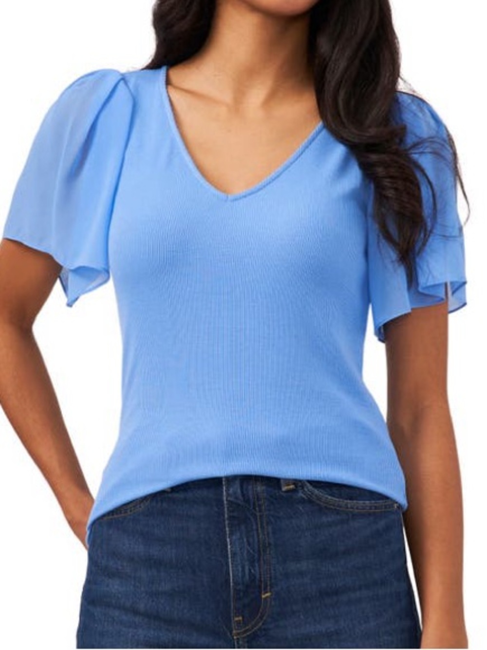 1.state blue flutter sleeve detail rib knit t shirt